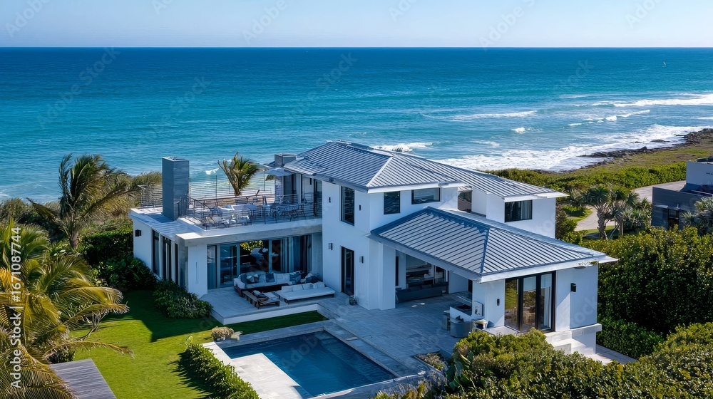 Fototapeta premium Modern architectural design meets seaside living in this home.