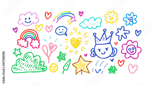 Colorful doodle collection with happy faces and rainbows