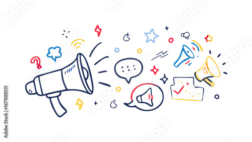 Colorful doodle megaphones and communication symbols