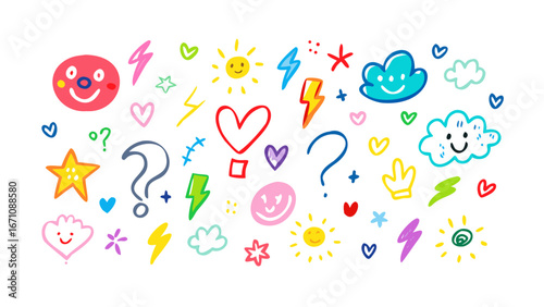 Colorful doodles with faces and weather symbols clouds