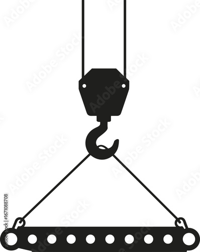 Black silhouette of a crane hook lifting a metal spreader bar with holes industrial