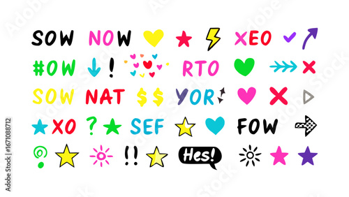 Colorful hand drawn icons symbols and text handwritten