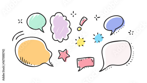 Colorful hand drawn speech bubbles and co communication
