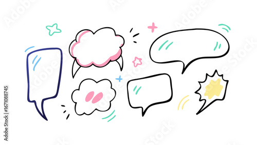Colorful hand drawn speech bubbles and com communication