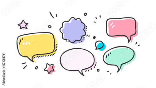 Colorful hand drawn speech bubbles and stars communication