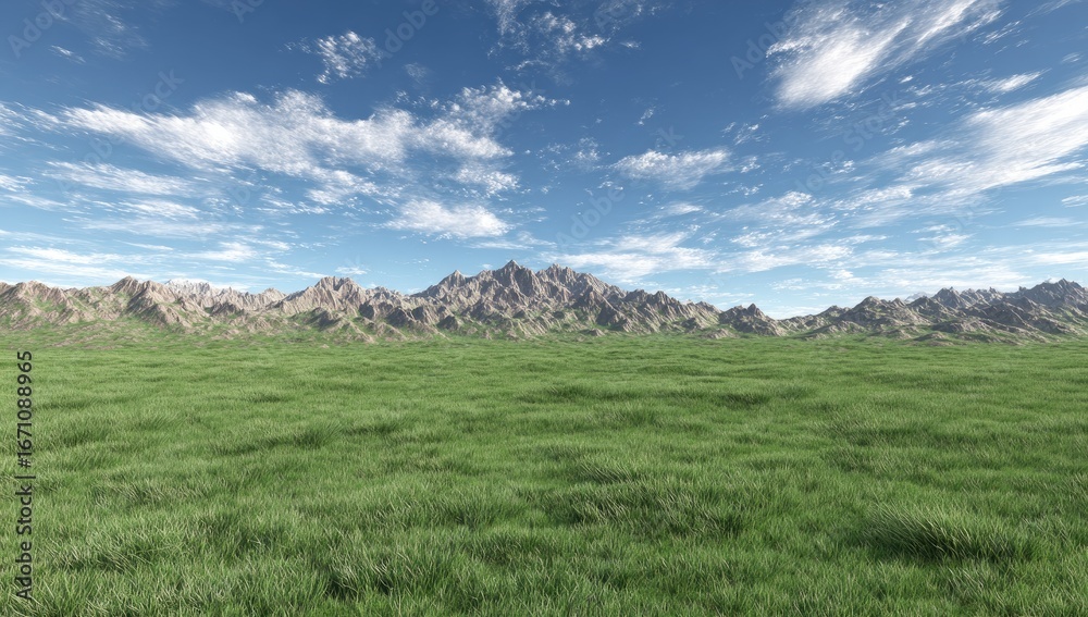 Fototapeta premium Expansive grassy plain stretches to a distant mountain range.