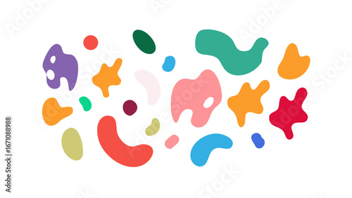 Colorful organic shapes scattered across a white background