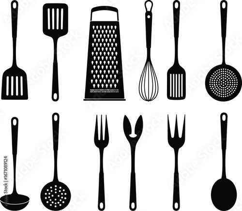 Black Silhouettes of Kitchen Utensils on a White Background cooking food
