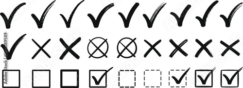 Collection of hand drawn checkmarks crosses and checkboxes on white background check mark tick