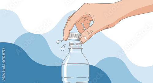 Hand Opening Bottle Of Water Depicting Freshness And Hydration, Liquid Drops Present