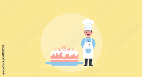 Happy Baker Stands Proudly Beside Exquisite Cake Celebration Concept Design