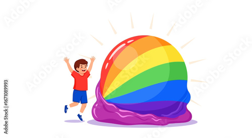 Excited Boy Embraces a Colorful Sphere Depicting Pride and Joyful Celebration