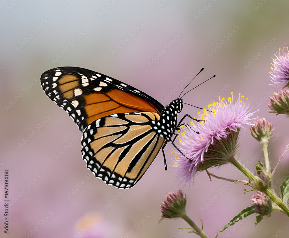 Fototapeta premium Monarch butterfly resting on a flower in a garden