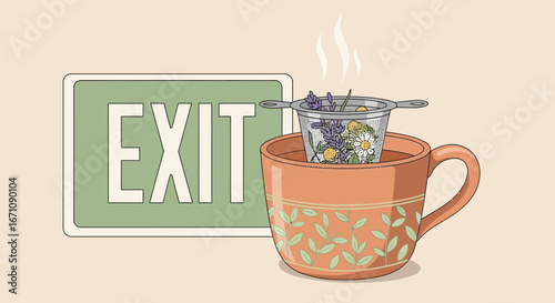 Exit Through Tea: Creative Illustration of Herbal Infusion with Relaxing and Refreshing Elements
