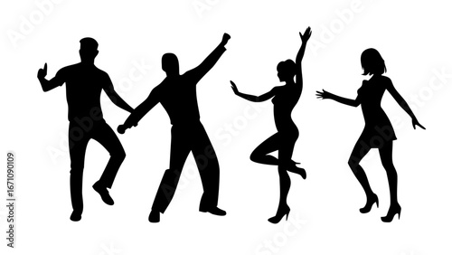 Diverse group dancing energetically people silhouettes