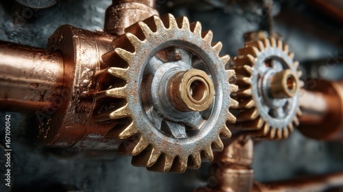 Close-Up of Copper Gears and Pipe Fittings in Industrial Setting