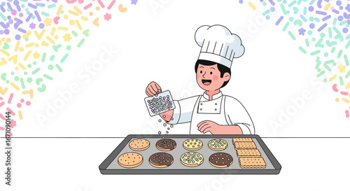 Happy Chef Garnishing Cookies With Sprinkles, Ready For Festive Baking And Enjoyment