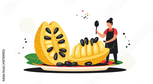 Exotic Fruit Preparation With A Chef, Design, Cut, Illustrated, Fresh Fruit, Isolated