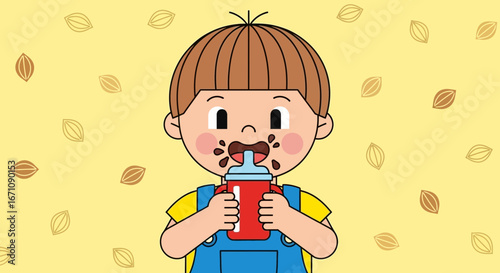 Happy Child Drinking From A Bottle, Showing Chocolate Around His Mouth And Cheeks