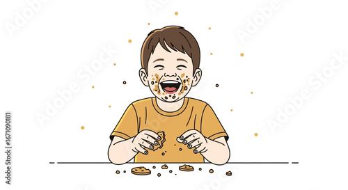 Happy Child Enjoying Delicious Biscuit Treats With Chocolate Dots And A Messy Face