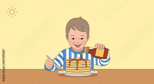 Happy Child Pouring Syrup Over Pancakes, Preparing Delicious Breakfast Enjoyment Smiling