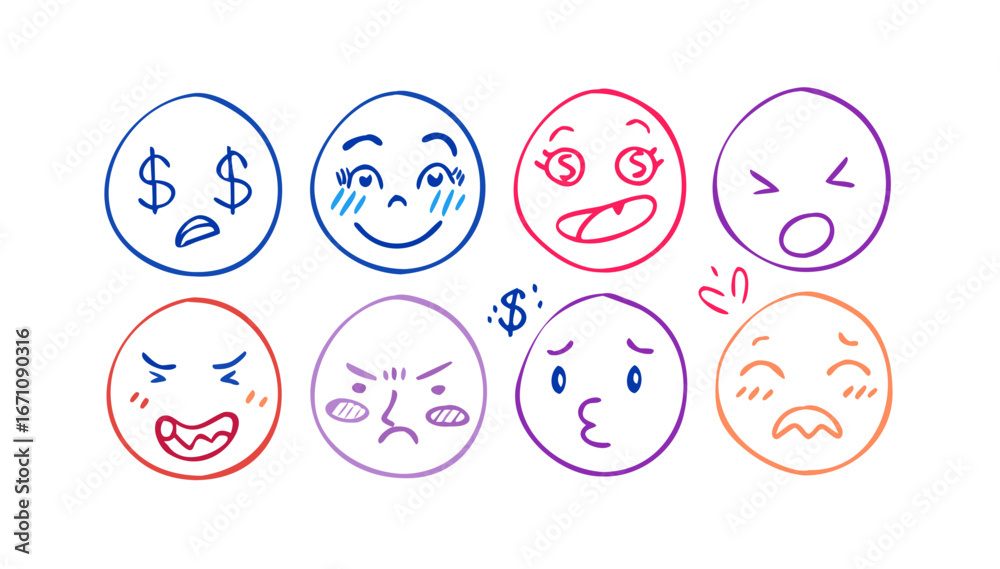 Fototapeta premium Doodle faces expressing various emotions expressions