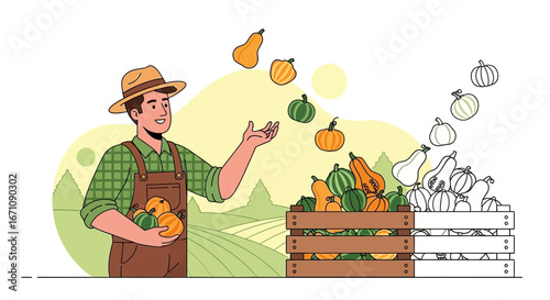 Happy Farmer Juggling Harvested Squash And Pumpkins On A Sunny Day in Autumn
