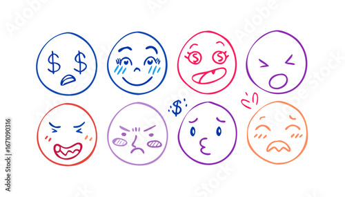Doodle faces expressing various emotions expressions