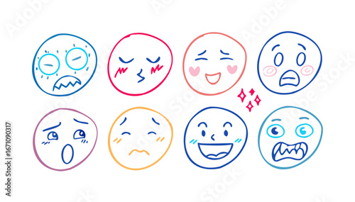 Doodle faces expressing various emotions expressions