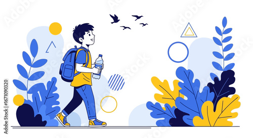 Exploring The Wonders: Young Adventurer With Backpack And Bottle, Nature's Trail Journey