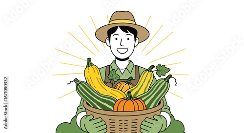Happy Farmer Showing His Harvest of Fresh Autumn Squash and Pumpkins in a Basket