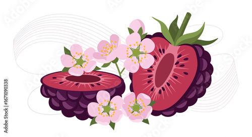 Exquisite Botanical Illustration Featuring Sliced Blackberry And Delicate Floral Embellishments