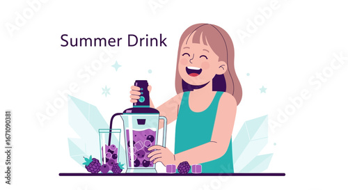 Happy Girl Preparing Delicious Refreshing Mixed Berry Summer Drink to Enjoy