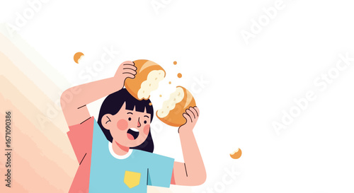 Happy Girl Is Breaking Bread in an Illustration Showing Delicious Food