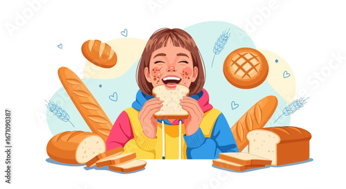 Happy Girl Tasting Delicious Bread Surrounded By Different Types Of Baked Goods