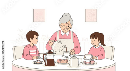 Family And Tea Time: Grandmother With Grandchildren Enjoying Relaxed Afternoon Moments
