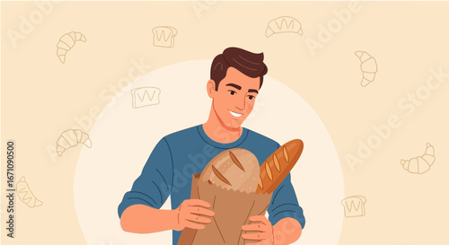 Happy Man With Baguette And Bread Celebrating a Good Day With Bakery Products
