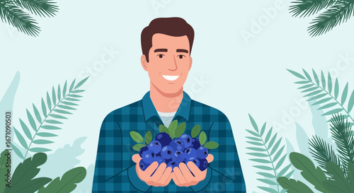 Happy Man Holding Fresh Harvested Blueberries Amongst Floral Lushness And Delight