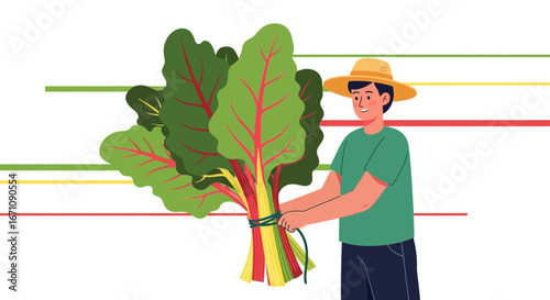 Farmer Bundling Freshly Harvested Chard: A Vibrant Illustration for Culinary and Healthy Living