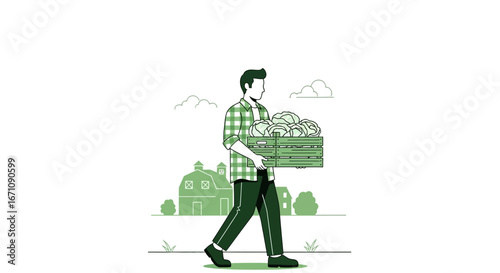 Farmer Carries Harvested Cabbages in Crate Across From Farm House Field