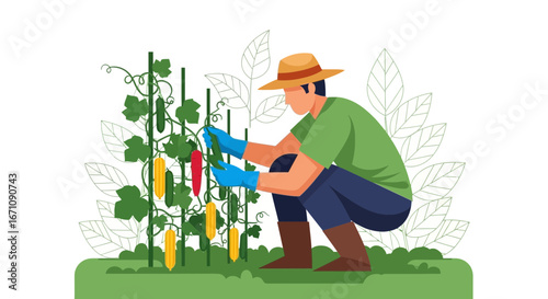 Farmer Crouching And Harvesting Vegetables From His Patch With The Assistance Of A Trellis