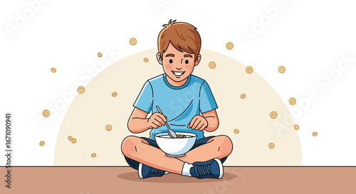 Happy Young Boy Enjoying Healthy Breakfast Cereal Sitting And Smiling In Cartoon Illustration