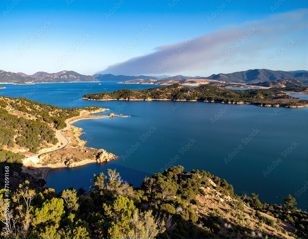 Obraz premium A serene lake nestled amidst lush green trees and majestic mountains, reflecting the vibrant blue sky and fluffy white clouds above.