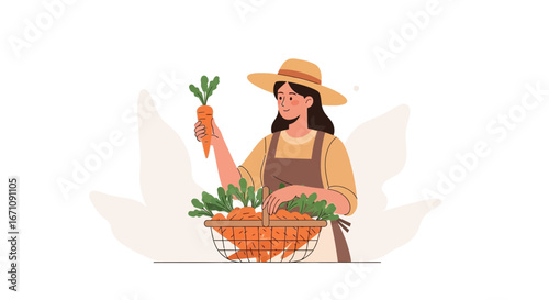 Harvesting Carrots: A Woman Displays a Basket Full of Collected Harvested Vegetables