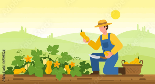 Farmer Harvesting Golden Squash With Basket Amongst Rolling Green Hills Under Sunny Skies