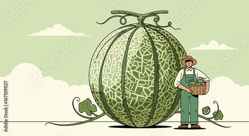 Farmer Harvesting Melons In Field With Large Fruit And Basket Full Of Crops In The Sunshine