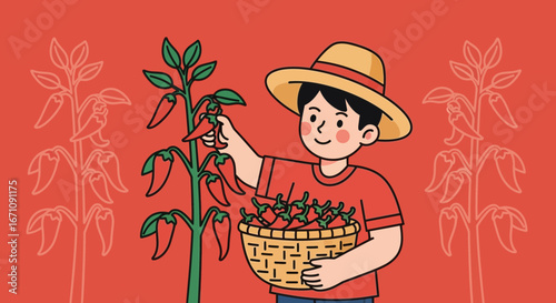 Harvesting Spicy Chili Peppers In A Vibrant Garden, Illustrative Agricultural Scene