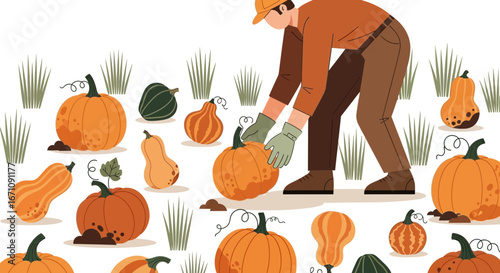 Farmer Harvesting Pumpkins With Variety Of Autumnal Gourds In The Harvest Season