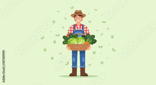 Farmer Holding Fresh Produce in Basket, Illustrating Agriculture and Sustainable Living