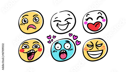 Five expressive cartoon faces with hearts emoji funny
